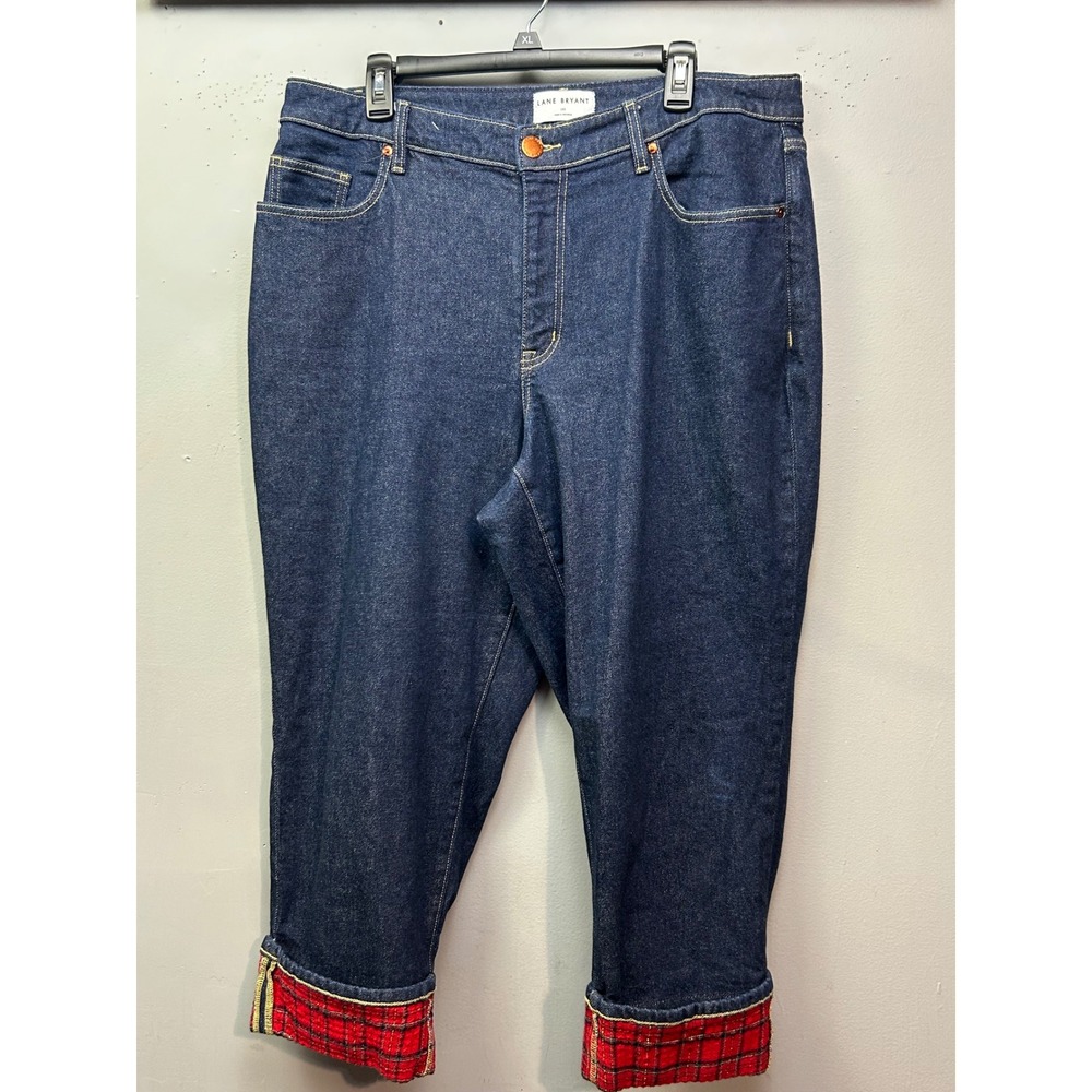 Lane Bryant Jeans Womens 18S Blue Boyfriend Mid-Rise Plaid Lined Cuff Dark Wash